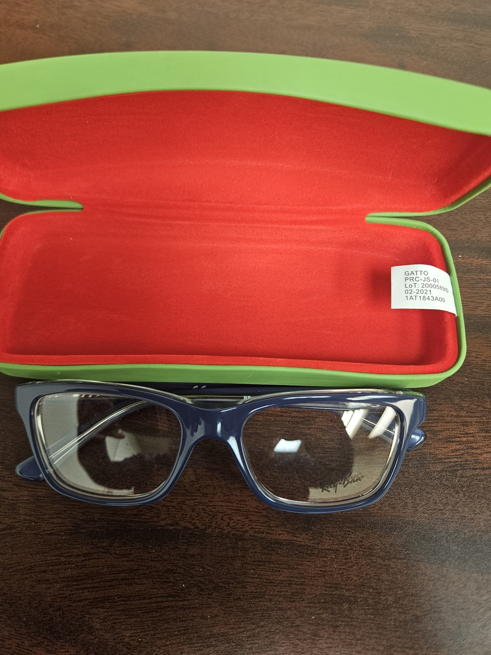 Ray-Ban Kids Navy Blue Glasses with Lime Green Case and Red Interior